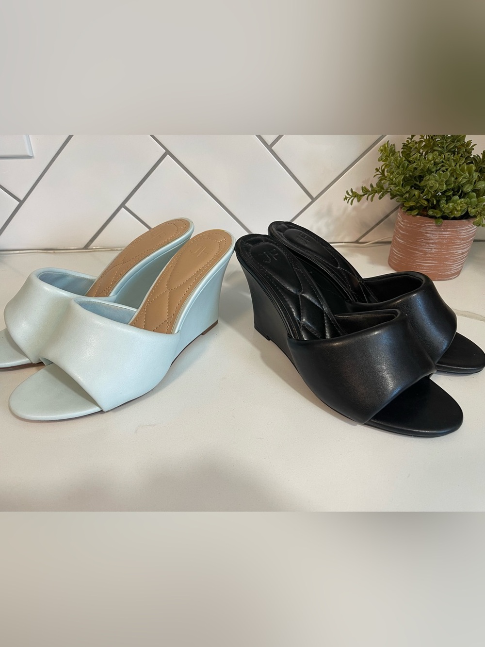 JustFab Two-Tone Wedge Mules in Black and Light Blue